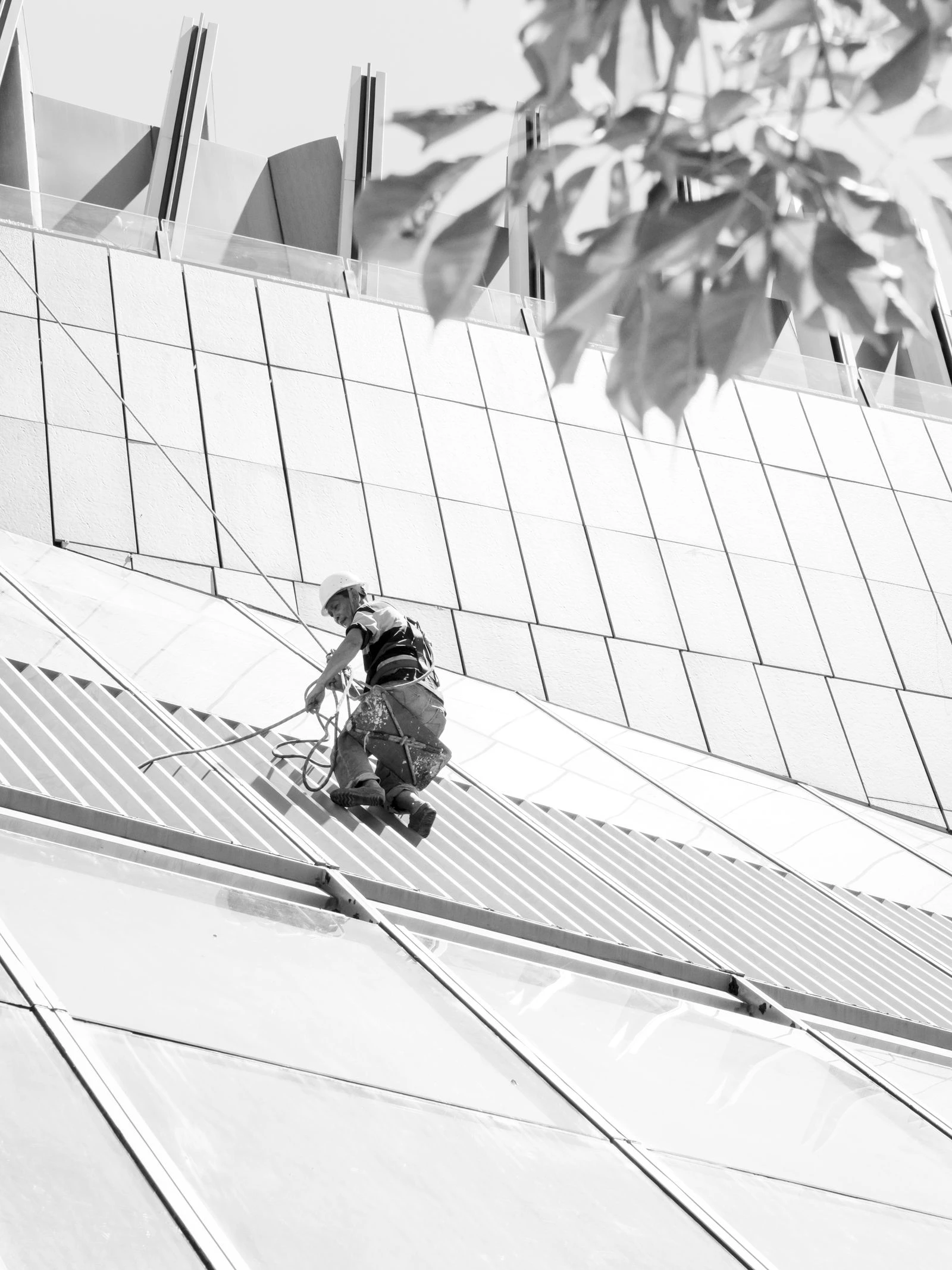 Professional maintenance on a commercial building façade